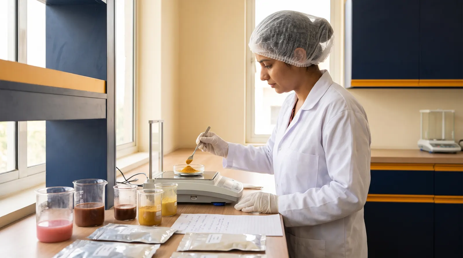 Food technologist testing a powder blend